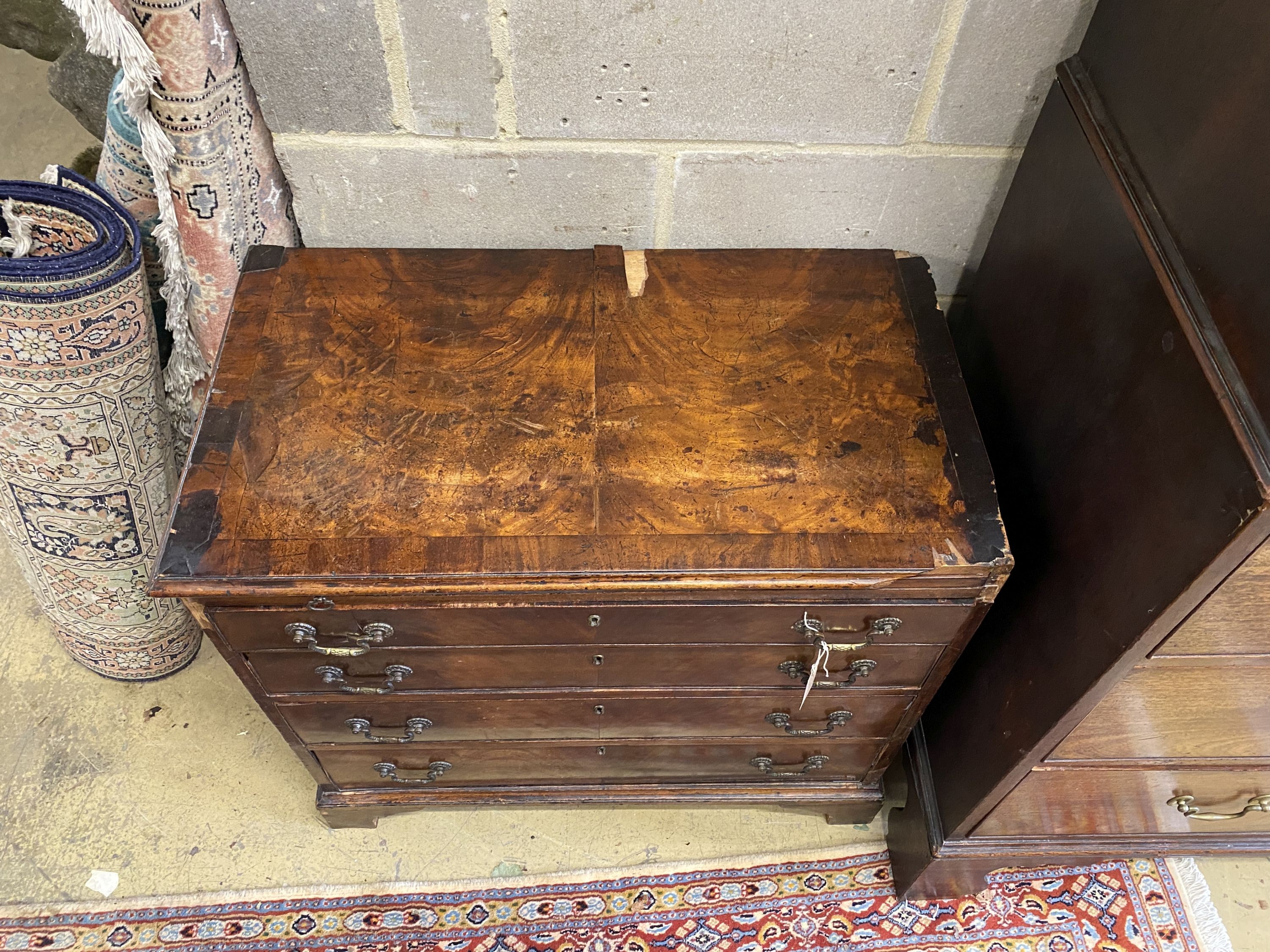 A small George III provincial mahogany four drawer chest with brushing slide, in need of restoration, width 83cm, depth 47cm, height 78cm